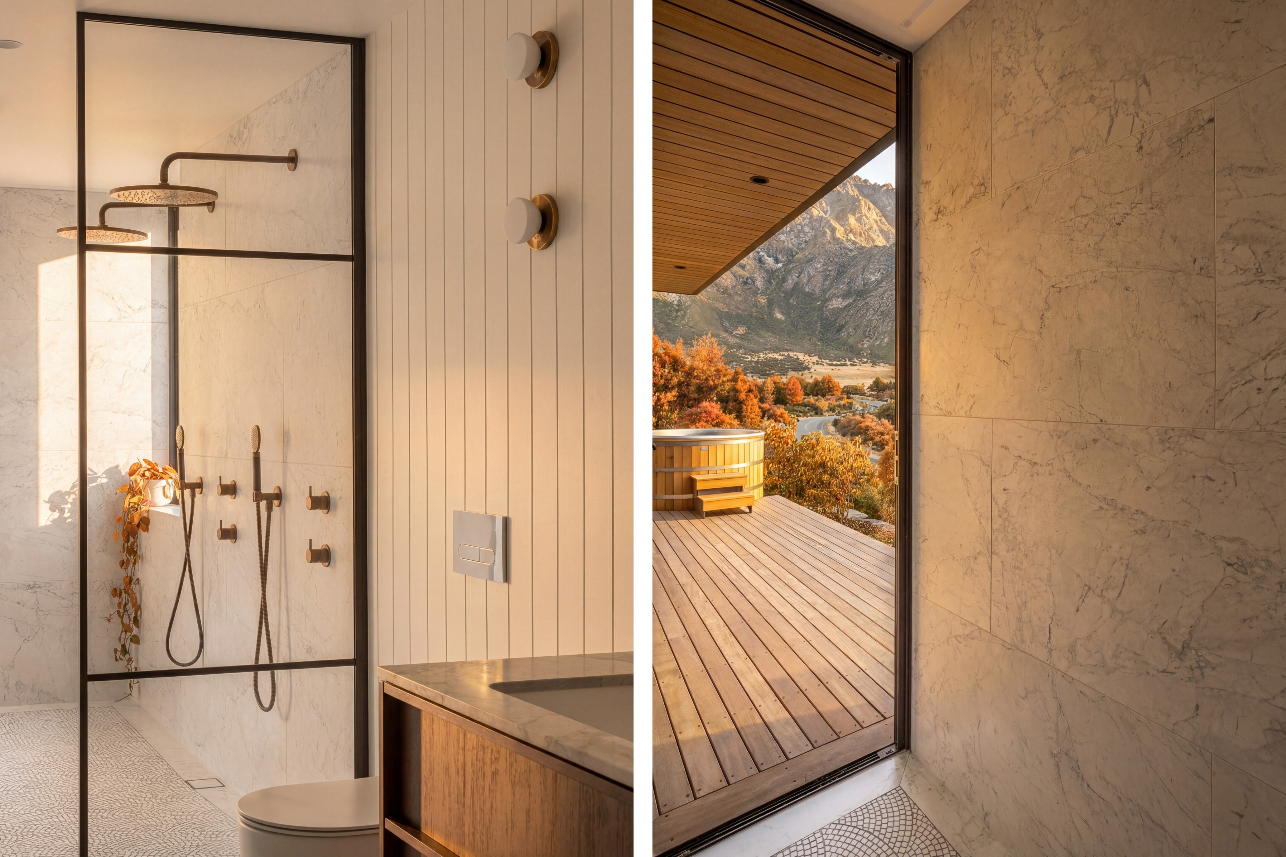 Luxury bathroom with marble walls, sculptural rainfall showerheads and heated floors
