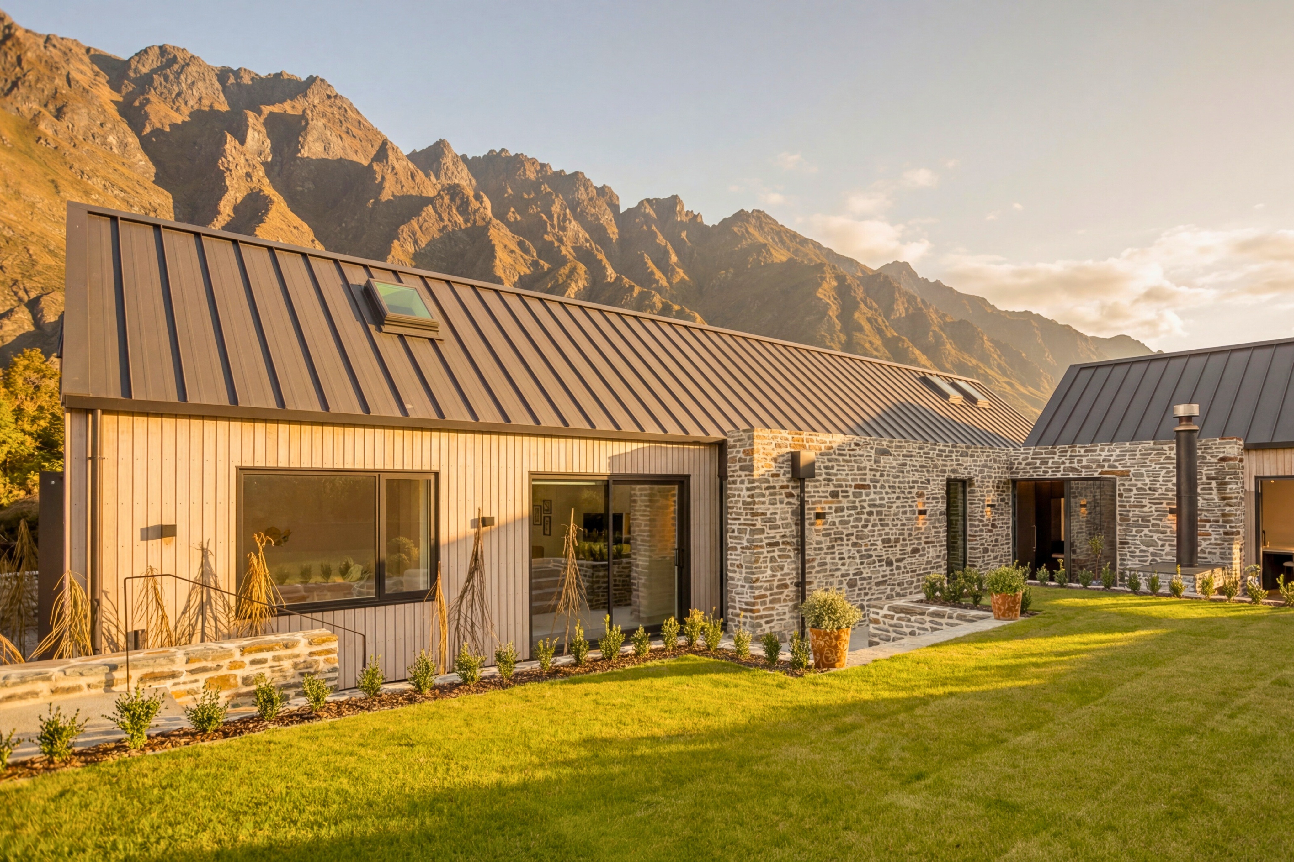 Elevated view of the property and landscaped grounds with The Remarkables and Lake Wakatipu beyond