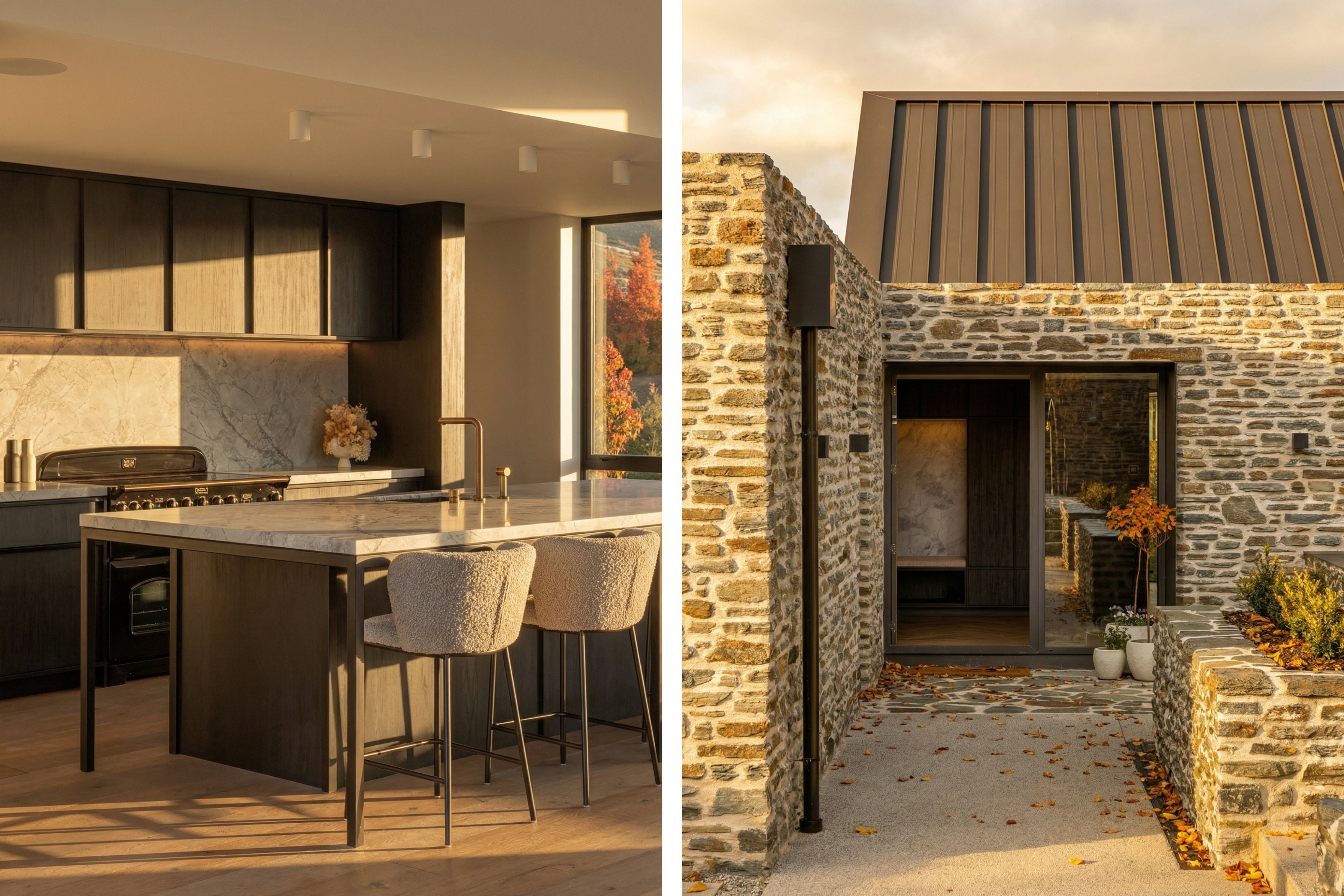 Living area with pitched ceiling, statement chandelier, stone fireplace wall and mountain views through floor-to-ceiling glazing